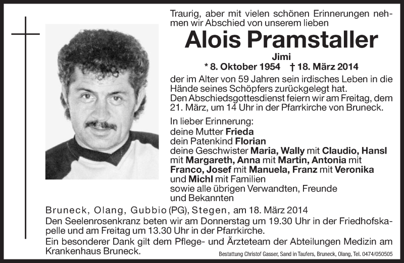  Traueranzeige für Alois Pramstaller vom 19.03.2014 aus Dolomiten