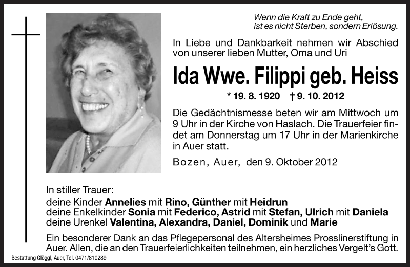  Traueranzeige für Ida Filippi vom 10.10.2012 aus Dolomiten