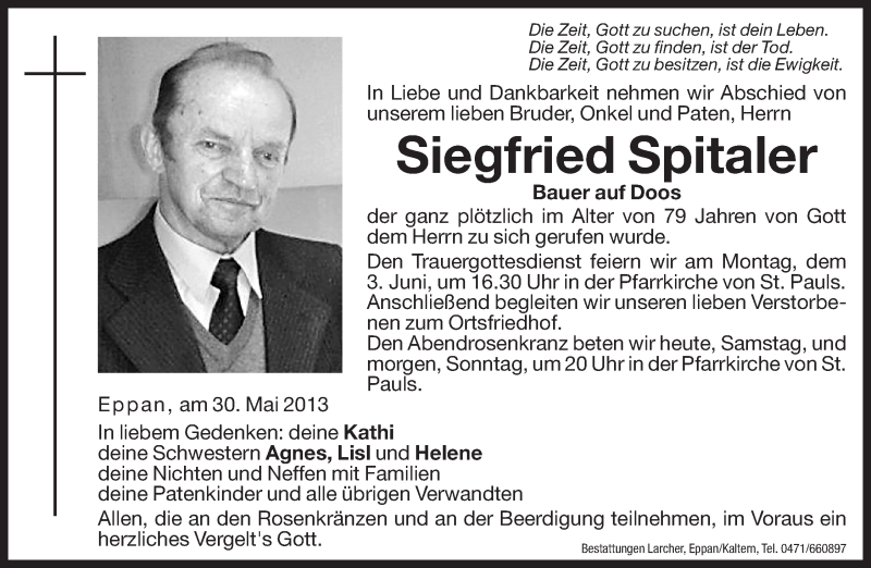  Traueranzeige für Sigfried Spitaler vom 01.06.2013 aus Dolomiten