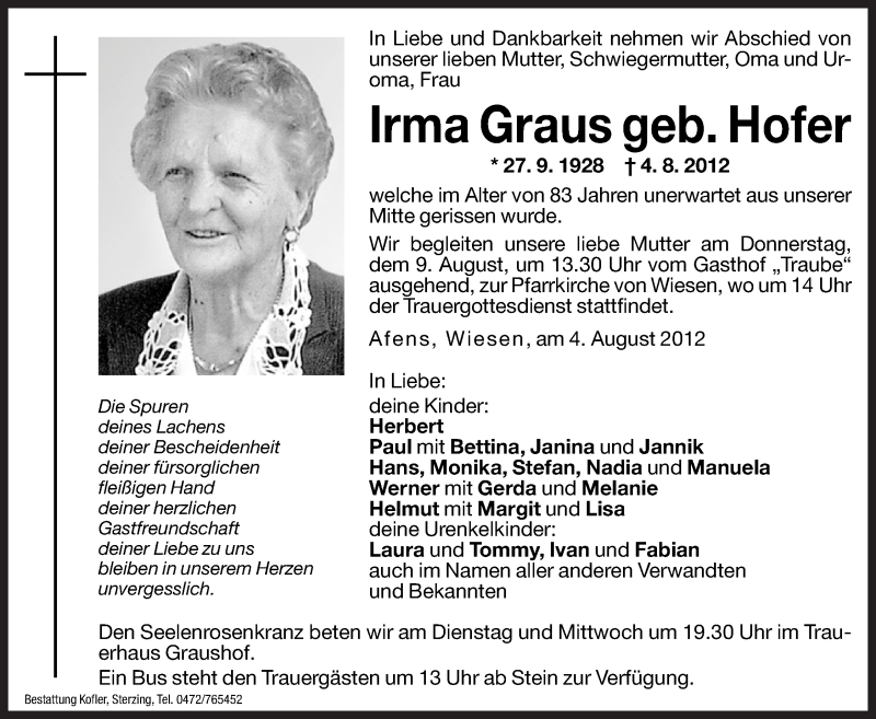  Traueranzeige für Irma Graus vom 07.08.2012 aus Dolomiten