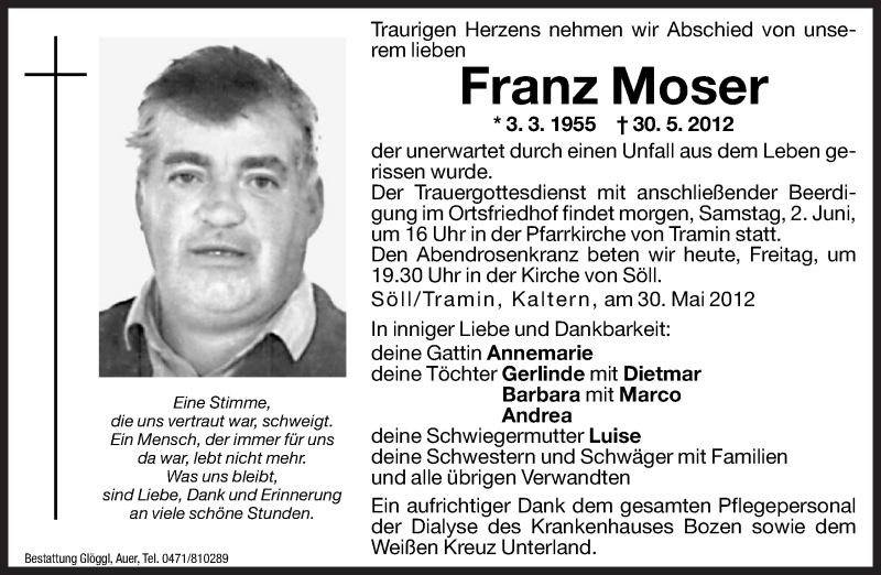  Traueranzeige für Franz Moser vom 01.06.2012 aus Dolomiten