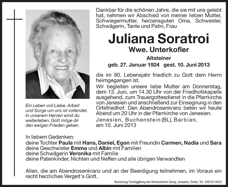  Traueranzeige für Juliana Unterkofler vom 12.06.2013 aus Dolomiten