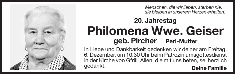  Traueranzeige für Philomena Geiser vom 30.11.2013 aus Dolomiten