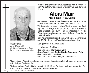 Traueranzeige von Alois Mair von Dolomiten