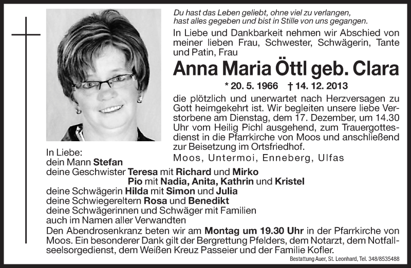  Traueranzeige für Anna Maria Öttl vom 16.12.2013 aus Dolomiten