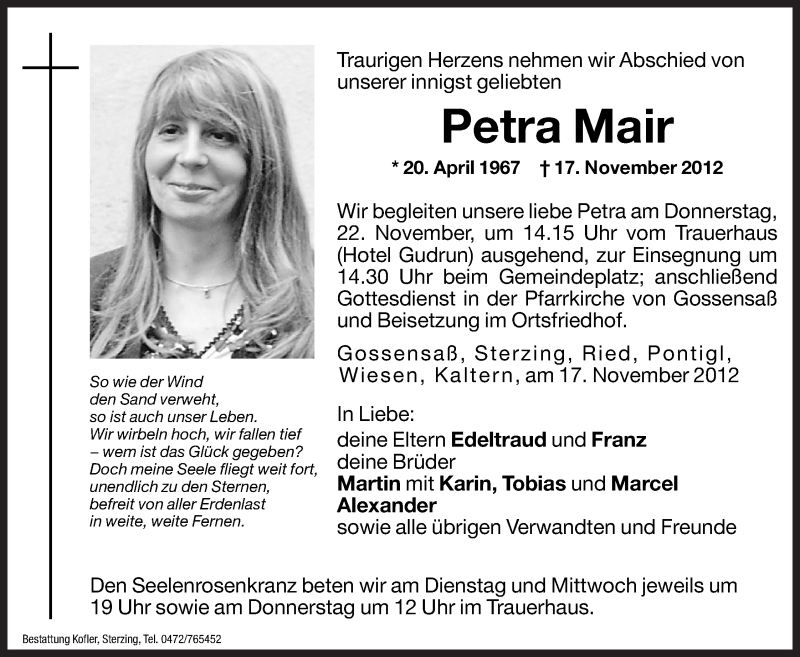  Traueranzeige für Petra Mair vom 20.11.2012 aus Dolomiten