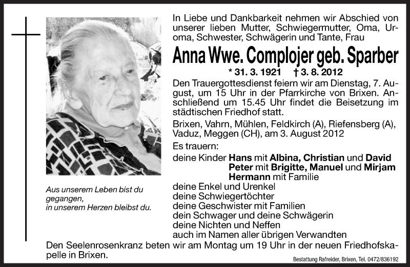  Traueranzeige für Anna Complojer vom 06.08.2012 aus Dolomiten