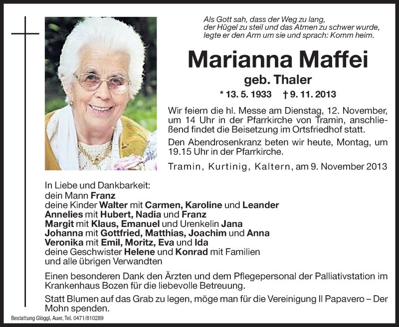  Traueranzeige für Marianne Maffei vom 11.11.2013 aus Dolomiten