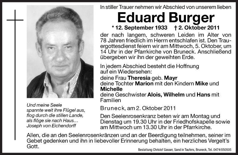  Traueranzeige für Eduard Burger vom 03.10.2011 aus Dolomiten