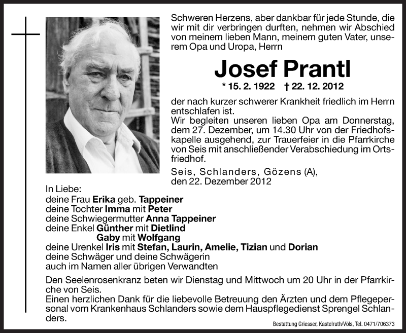  Traueranzeige für Josef Prantl vom 24.12.2012 aus Dolomiten