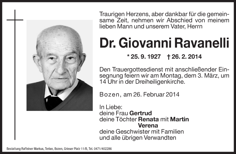  Traueranzeige für Giovanni Ravanelli vom 28.02.2014 aus Dolomiten