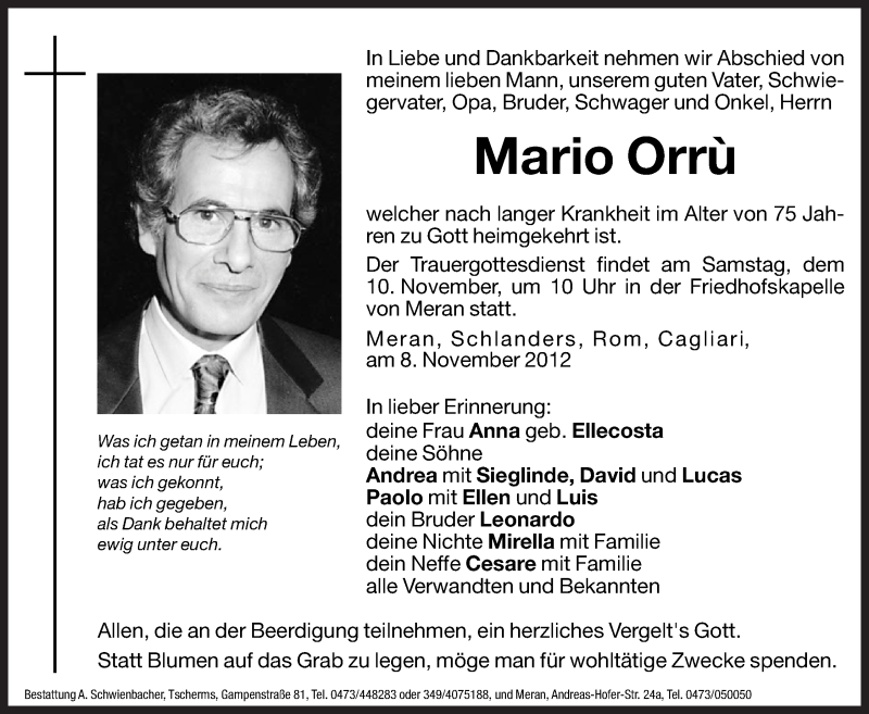  Traueranzeige für Mario Orrù vom 09.11.2012 aus Dolomiten