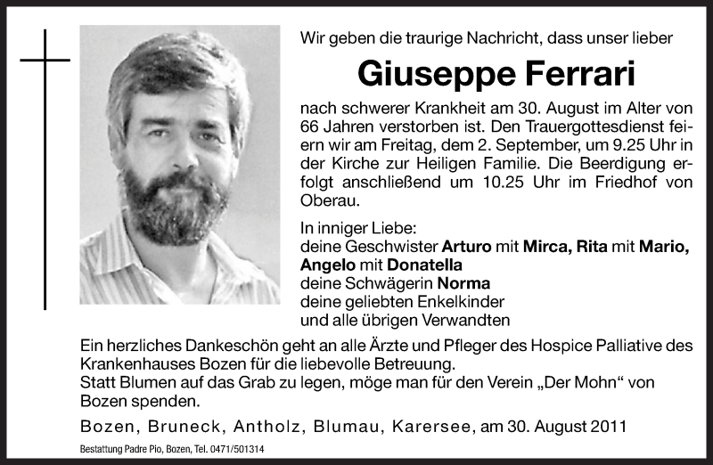  Traueranzeige für Giuseppe Ferrari vom 01.09.2011 aus Dolomiten