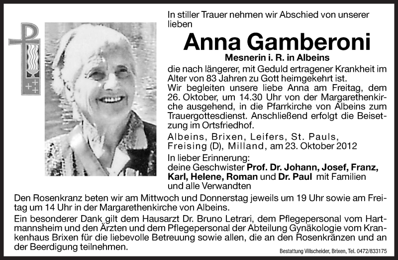  Traueranzeige für Anna Gamberoni vom 24.10.2012 aus Dolomiten