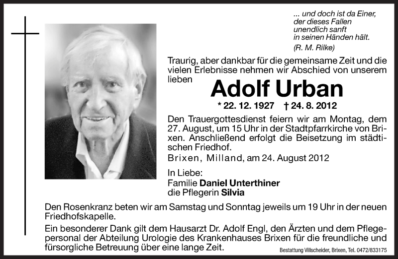  Traueranzeige für Adolf Urban vom 25.08.2012 aus Dolomiten