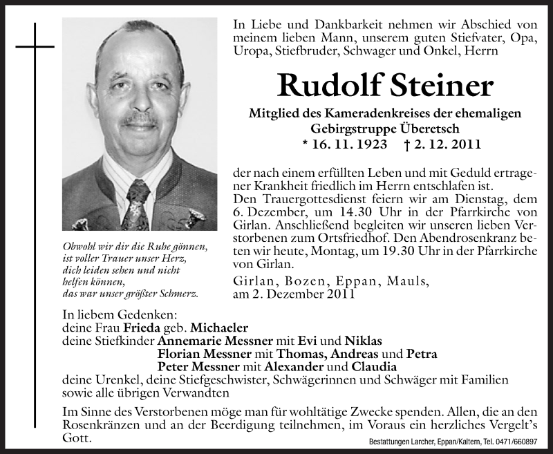  Traueranzeige für Rudolf Steiner vom 05.12.2011 aus Dolomiten