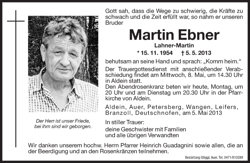  Traueranzeige für Martin Ebner vom 06.05.2013 aus Dolomiten