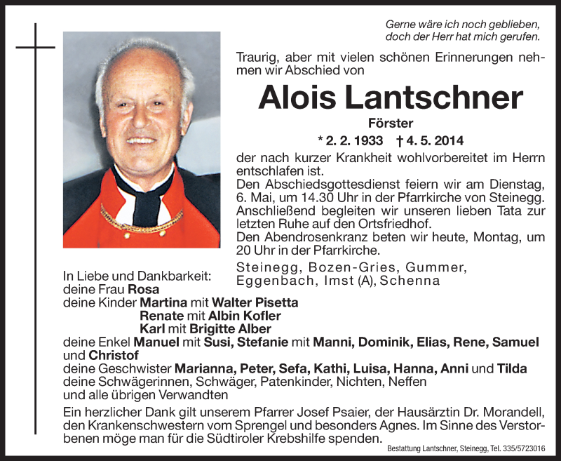  Traueranzeige für Alois Lantschner vom 05.05.2014 aus Dolomiten