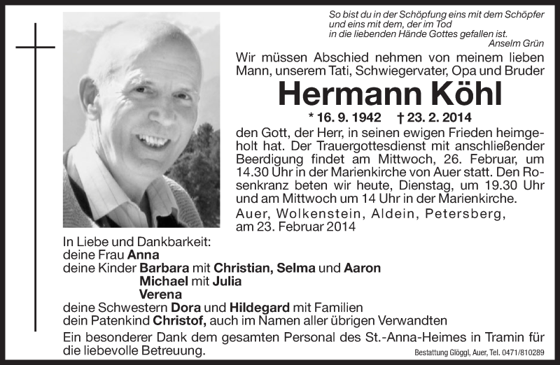  Traueranzeige für Hermann Köhl vom 25.02.2014 aus Dolomiten