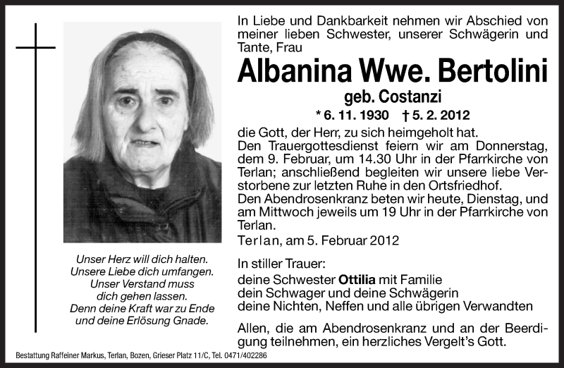  Traueranzeige für Albanina Bertolini vom 07.02.2012 aus Dolomiten