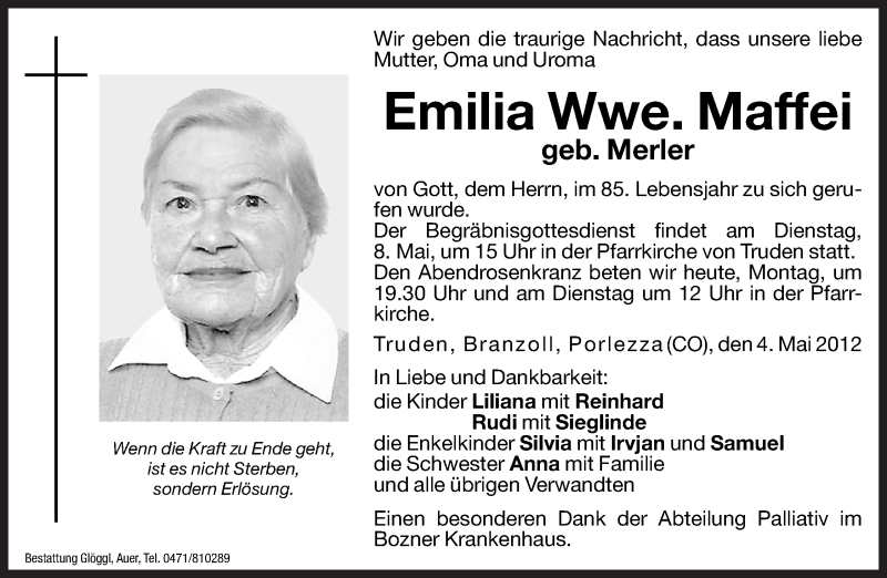  Traueranzeige für Emilia Maffei vom 07.05.2012 aus Dolomiten