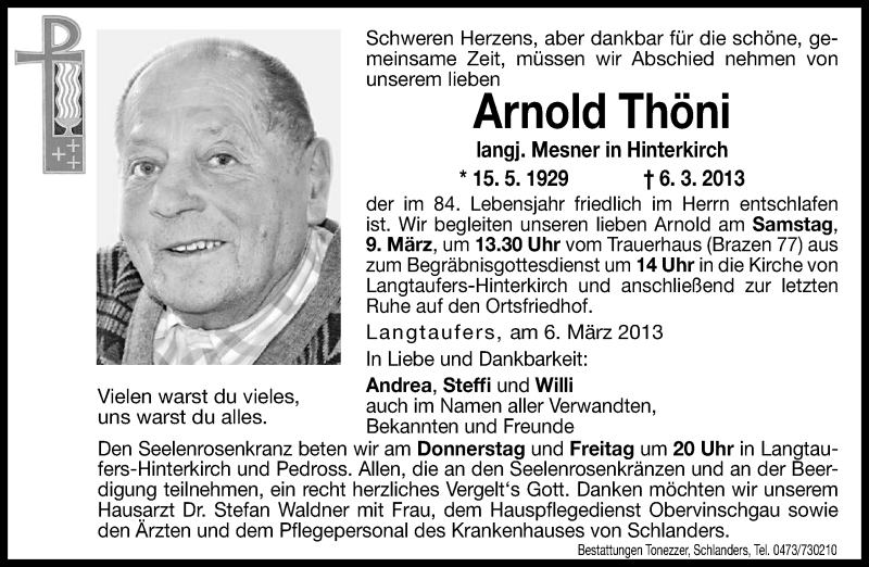  Traueranzeige für Arnold Thöni vom 07.03.2013 aus Dolomiten