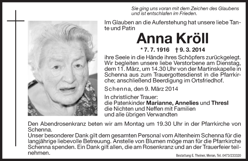  Traueranzeige für Anna Kröll vom 10.03.2014 aus Dolomiten