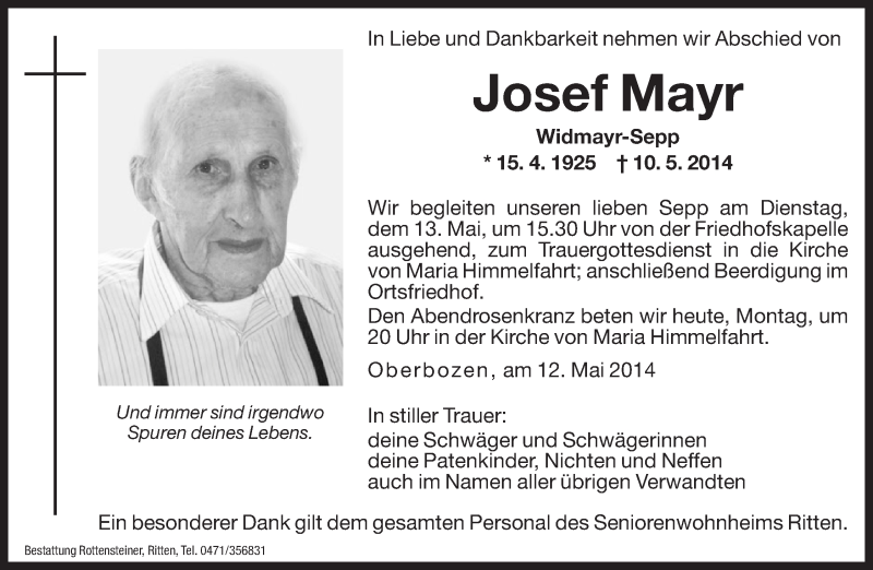  Traueranzeige für Josef Mayr vom 12.05.2014 aus Dolomiten