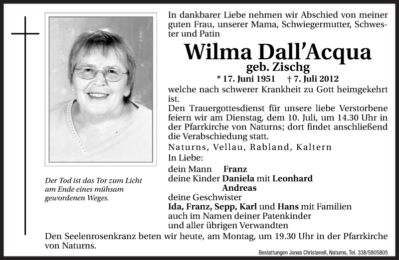  Traueranzeige für Wilma Dall´Acqua vom 09.07.2012 aus Dolomiten