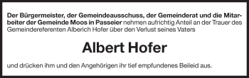 Traueranzeige von Albert Hofer von Dolomiten