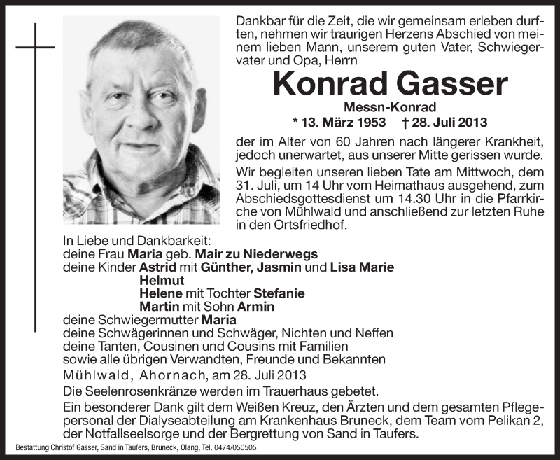  Traueranzeige für Konrad Gasser vom 29.07.2013 aus Dolomiten