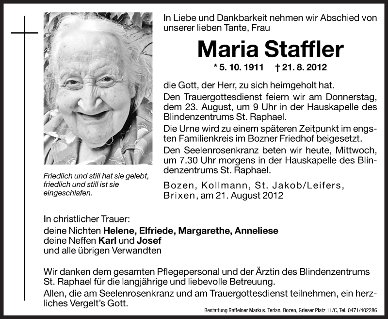  Traueranzeige für Maria Staffler vom 01.01.0001 aus Dolomiten