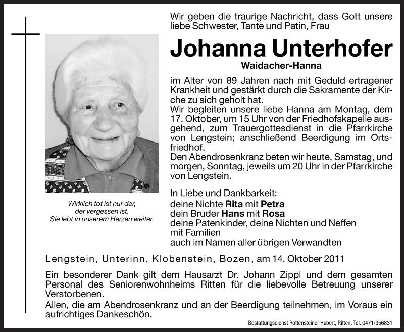  Traueranzeige für Johanna Unterhofer vom 15.10.2011 aus Dolomiten