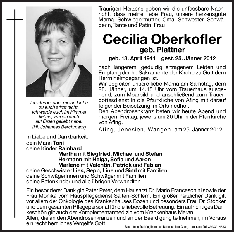  Traueranzeige für Cecilia Oberkofler vom 26.01.2012 aus Dolomiten