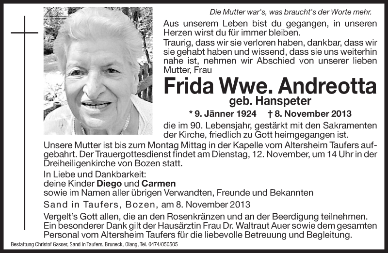  Traueranzeige für Frida Andreotta vom 11.11.2013 aus Dolomiten