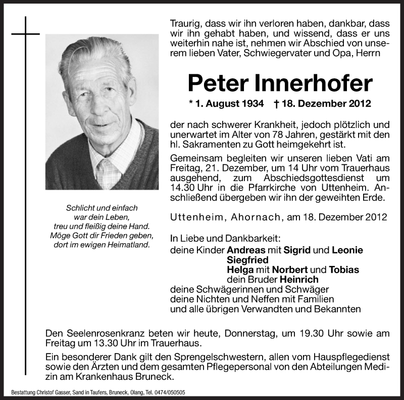  Traueranzeige für Peter Innerhofer vom 20.12.2012 aus Dolomiten