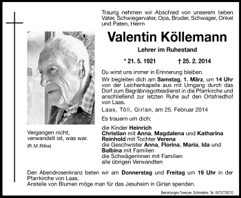 Traueranzeige von Valentin Köllemann von Dolomiten