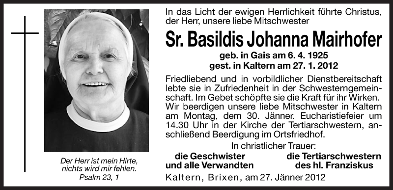  Traueranzeige für Basildis Johanna Mairhofer vom 28.01.2012 aus Dolomiten