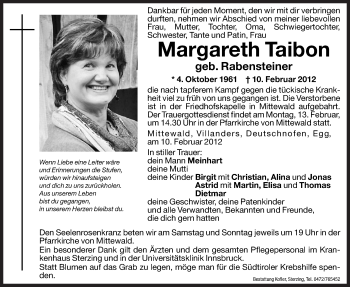 Traueranzeige von Margareth Taibon von Dolomiten