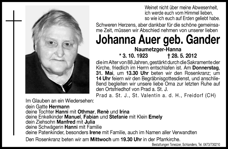  Traueranzeige für Johanna Auer vom 30.05.2012 aus Dolomiten