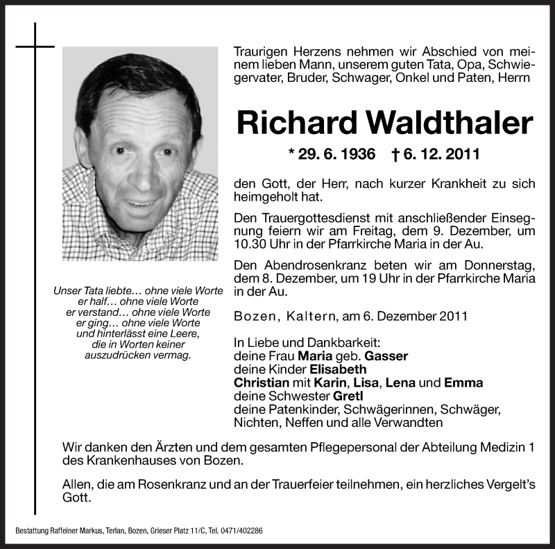  Traueranzeige für Richard Waldthaler vom 07.12.2011 aus Dolomiten