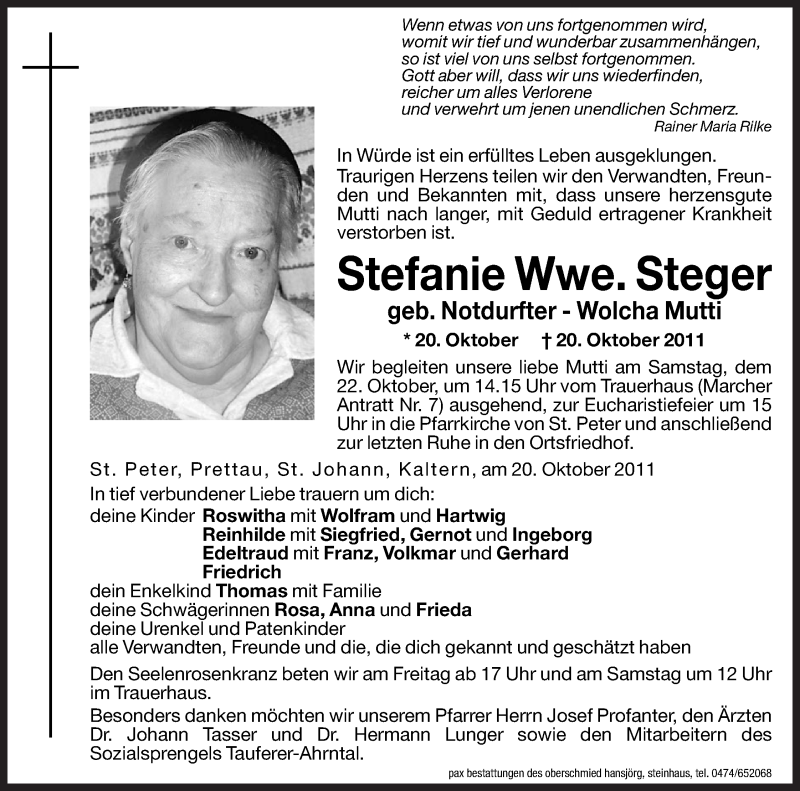  Traueranzeige für Stefanie Steger vom 21.10.2011 aus Dolomiten