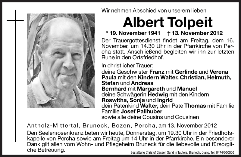  Traueranzeige für Albert Tolpeit vom 15.11.2012 aus Dolomiten