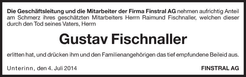  Traueranzeige für Gustav Fischnaller vom 05.07.2014 aus Dolomiten