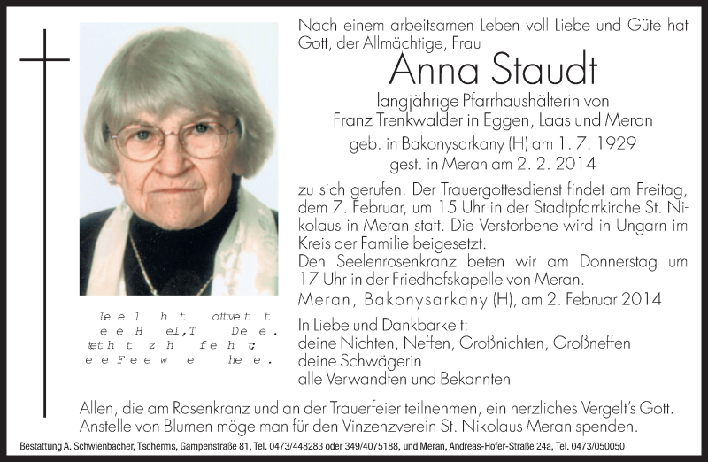  Traueranzeige für Anna Staudt vom 06.02.2014 aus Dolomiten