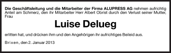 Traueranzeige von Luise Delueg von Dolomiten