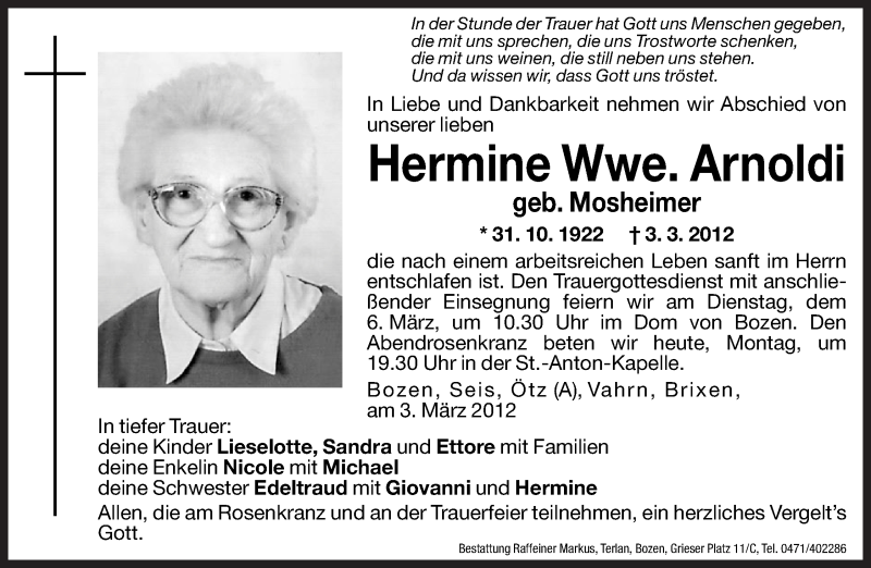  Traueranzeige für Hermine Arnoldi vom 05.03.2012 aus Dolomiten