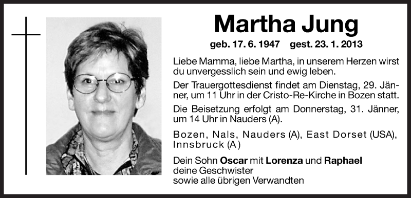  Traueranzeige für Martha Jung vom 26.01.2013 aus Dolomiten