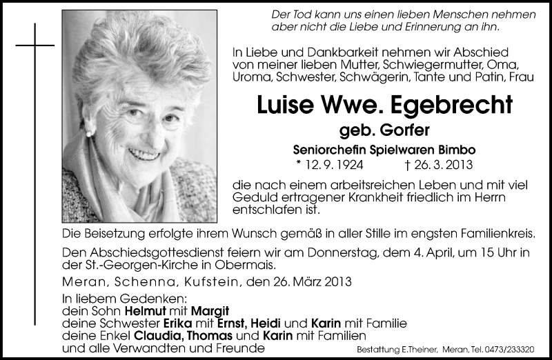  Traueranzeige für Luise Egebrecht vom 29.03.2013 aus Dolomiten