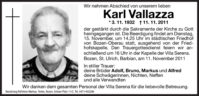  Traueranzeige für Karl Vallazza vom 14.11.2011 aus Dolomiten